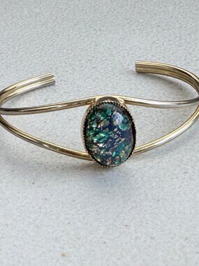 Vintage Glitter Glass Oval Bead Cuff Bracelet 1990s Gold Tone Bangle Jewelry